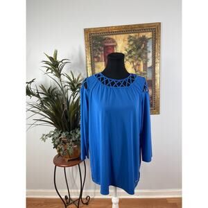 Peck & Peck Blouse Tunic Women's Large Blue Long Sleeve Minimalist Modern Chic